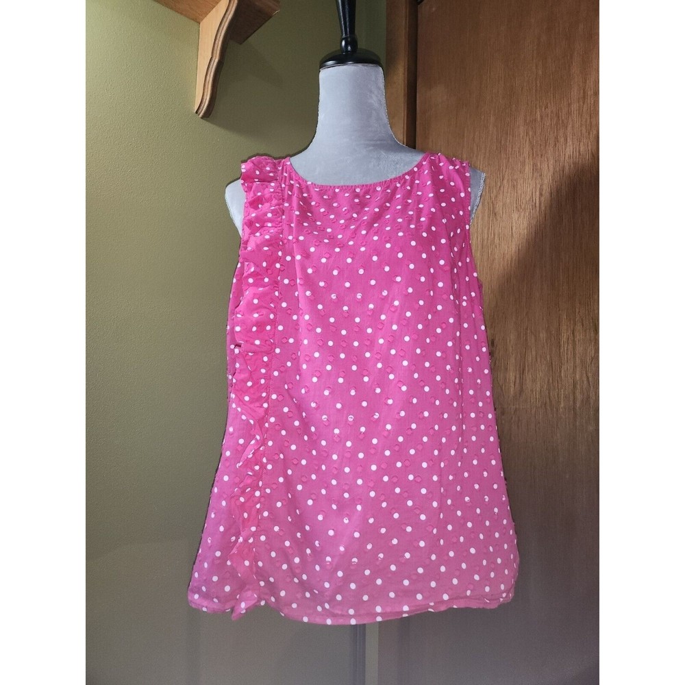 Izod Womens Sleeveless Ruffled Pink w White Dots Size L B#2